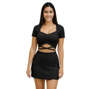 Imagem de Conjunto Feminino Cropped com Bojo e Amarração Frontal Saia com Sobrep