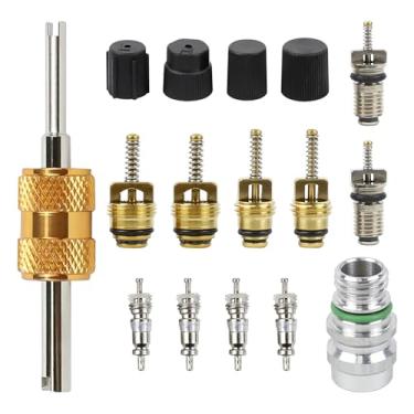 Imagem de wuyaoyao Kit de núcleo de válvula de ar condicionado de carro 16 peças, núcleos de haste de válvula de refrigeração de vedação de teflon R12 R134A com ferramenta removedora, kit de tampas de vedação