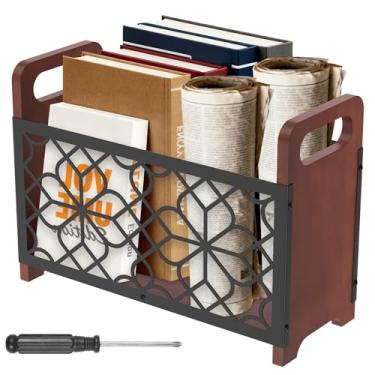 Imagem de Porta-revistas, piso de madeira para mesa, organizador rústico para arquivos, cesta de armazenamento de arquivos para livros, jornais, e-mails, arquivos, cartas, 83 × 33 × 23,5 cm (geométrico)