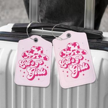 Imagem de Etiqueta de bagagem rosa preppy para malas, chapéu de vaqueira ocidental rosa choque, etiqueta de bagagem de couro com etiqueta de identificação de nome de privacidade e laço de aço inoxidável para