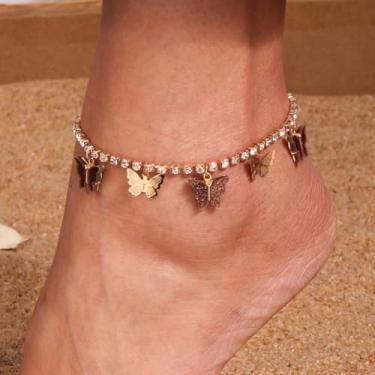 Imagem de Tornozeleira feminina banhada a ouro, moda, zircão, strass, borboleta, acessórios de joias modernas, One Size, Metal, Sem Pedra Preciosa