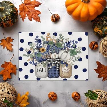 Imagem de Jogo americano de abóbora de Halloween 29 x 43 cm – Design de outono com três potes de abóbora, tapete de jantar lavável resistente ao calor para cozinha, mesa de centro e decoração de festa