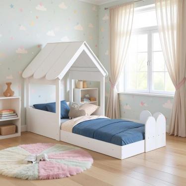 Imagem de Cama Montessoriana Infantil Casinha Com Telhado E Cercadinho Branco