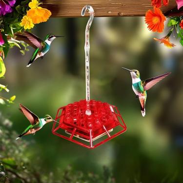 Imagem de 1 alimentador hexagonal de beija-flor com 30 portas de alimentação e proteção integrada para formigas - Alimentador de pássaros vermelhos para pendurar ao ar livre para decoração de jardim e pátio