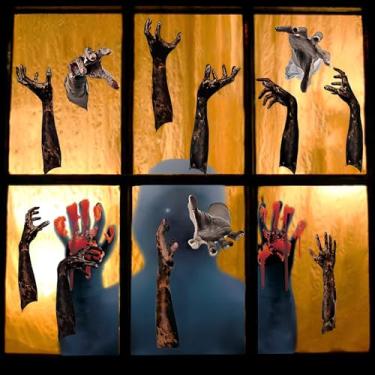 Imagem de 1 decalque de parede gigante com garra assustadora - mãos pretas estilo filme de terror colando para fora da parede, decoração autoadesiva de casa assombrada para festa de Halloween (AB-014)