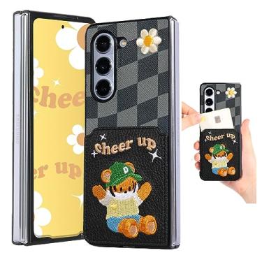 Imagem de Design Skin Capa de couro compatível com Z Fold 5 padrão de design bordado com compartimento para cartão expansível loja até dois cartões capa protetora - bordado bartype retrô (Hogun preto)