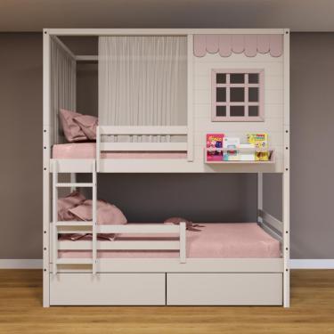 Imagem de Beliche Casinha Reta Com 02 Gavetas Grade Removível E Cortina Madeira Maciça Branco/ Rosa Housin