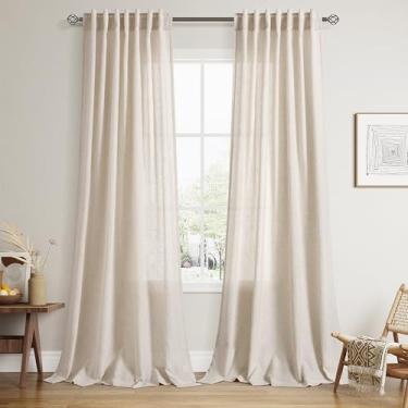 Imagem de Nanspring Cortinas de linho bege 127 x 228 cm de comprimento para sala de estar com aba traseira e bolso semitransparente, boho, moderna, privacidade, filtro de luz, cortinas de linho grosso para