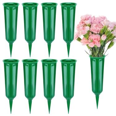 Imagem de 8 peças de vasos de cemitério para túmulos - suportes de flores de plástico com pontas, vaso de cone para acessórios de túmulo do Memorial Day, decorações de cemitério (verde)