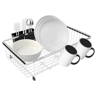 Imagem de UKQRRTC Escorredor de louça, escorredor de pratos extensível de aço carbono com suporte de utensílios, capacidade ajustável, à prova de ferrugem, 40 cm a 65 cm, economia de espaço, design de drenagem