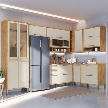 Imagem de Armário de Cozinha Modulada Canto com Balcão e Tampo 14 Portas 4 Gavetas ágata 100% Mdf Vidro Reflecta Amêndoa/White - Pnr Móveis