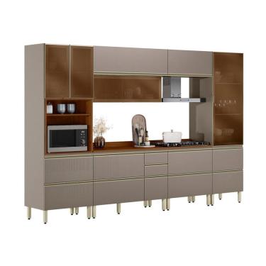 Imagem de Armário de Cozinha Compacta com 4 Vidros Reflecta Proença 8 Portas 9 Gavetas Nude e Nogueira