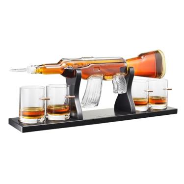 Imagem de Arma grande Decantador conjunto de óculos de bala – Edição limitada Elegante Rifle Gun Whiskey Decanter 22,5" 1000 ml com 4 Bullet Whiskey Glasses e Base de Madeira Mohogany da The Wine Savant