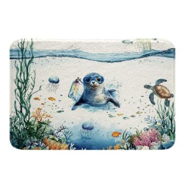 Imagem de Erosebridal Tapete de banho engraçado leão marinho, tartaruga, água-viva, litoral, exterior, 40,6 x 61 cm, tapete de área do oceano azul, tapetes de banho de algas marinhas corais, criatura náutica