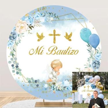 Imagem de OERJU Capa de fundo redonda Mi Bautizo para bebês batismo primeira comunhão decoração de festa círculo fotografia fundo anjo azul floral menino batizado chá de bebê recém-nascido cenário cabine de