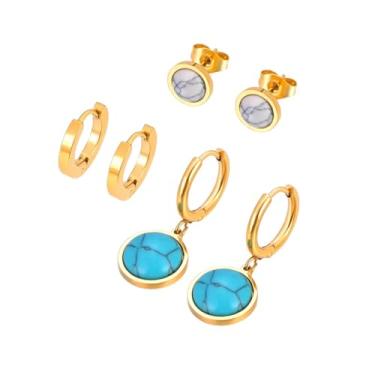 Imagem de Brincos modernos de argola de pedra azul de aço inoxidável 2026 3 pares/conjunto de brincos de festa banhados a ouro 18K - brincos de argola modernos, presente elegante para uso diário ou eventos