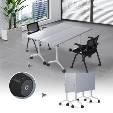 Imagem de Mesa de sala de conferências moderna de 30 m, mesa de reunião, dobrável, branca, mesa de sala de aula com rodas silenciosas, mesa de podcasts para 2 pessoas para escritório, negócios, mesa de