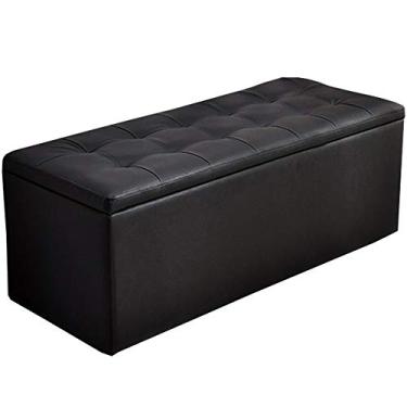 Imagem de Banqueta otomana PU assento de madeira retangular banco de armazenamento preto otomano capa articulada peso do rolamento 120 kg móveis de sala de estar otomanos (cor: preto, tamanho: 100 cm)