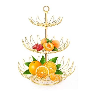 Imagem de Cesta de frutas de 3 camadas para bancada de cozinha, cesta de frutas, organizador de pão, vegetais, bandeja removível para comida em casa, sala de estar, organização de banheiro, dourado