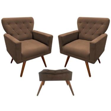 Imagem de Kit 2 Poltronas Decorativa Aurora + 1 Puff Retangular Suede Marrom Pés