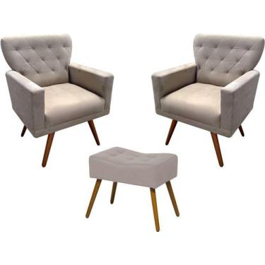 Imagem de Kit 2 Poltronas Decorativa Aurora + 1 Puff Retangular Suede Bege Pés M