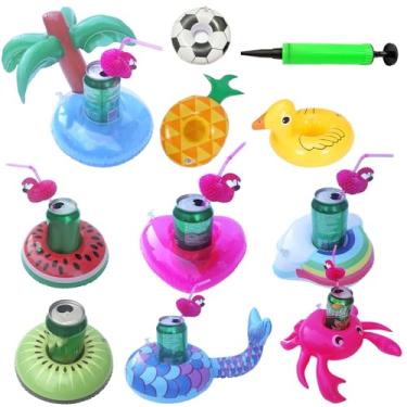 Imagem de Suporte de bebida para piscina, suporte de bebida flutuante 10 x para piscina | Decorações de bandeja de bebidas inflável para banheira de hidromassagem, spa ao ar livre, lago, piscina