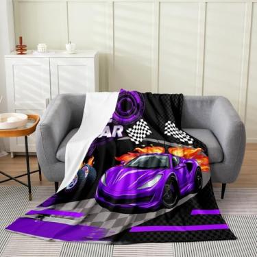 Imagem de Feelyou Cobertor infantil de flanela de flanela de carro de corrida roxo Queen 228,6 cm x 228,6 cm Speed Sports Car Cobertor felpudo para meninos meninas carro de corrida cobertor de pelúcia tema