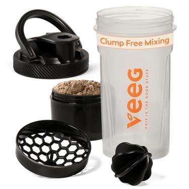 Imagem de VEEG Garrafa coqueteleira para misturas de proteína – coqueteleira à prova de vazamento de 680 g, com bola de mistura e filtro para shakes suaves ou eletrólitos, copo de armazenamento, tampa à prova