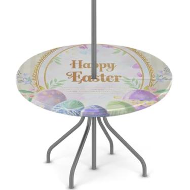 Imagem de hongjinglin Toalha de mesa de Páscoa para uso ao ar livre com orifício para guarda-chuva, toalha de mesa redonda elástica com zíper, impermeável, limpável, para piquenique, festa, pátio, serve para