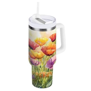 Imagem de ATTX Copo colorido de gramado de 850 g com alça, copo de aço inoxidável a vácuo de parede dupla com palha, caneca de café de viagem isolada #360