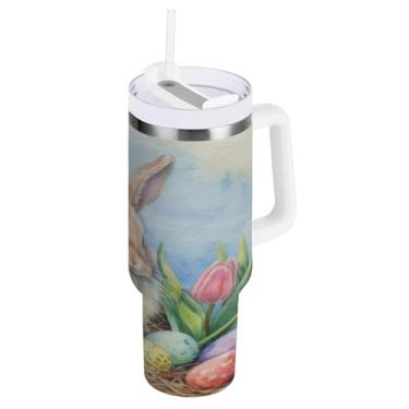 Imagem de ATTX Copo de coelho de ovos de Páscoa em aquarela de 850 g com alça, copo de aço inoxidável a vácuo de parede dupla com palha, caneca de café de viagem isolada #207
