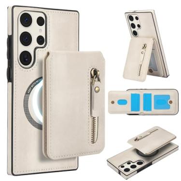 Imagem de Carteira destacável compatível com carregamento sem fio Magsafe para Samsung Galaxy S23 Ultra capa com suporte para cartão, bolso com zíper, suporte 2 em 1 capa à prova de choque (branca)