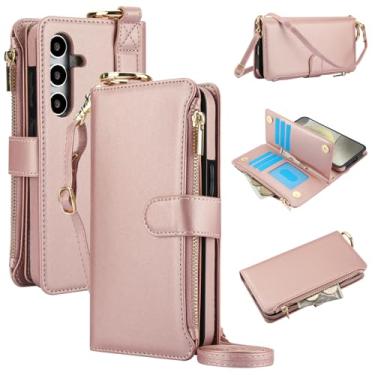 Imagem de Capa carteira para Samsung Galaxy A56 5G [bloqueio RFID] [bolso com zíper] [suporte para cartão] capa protetora flip livro de couro PU com corda transversal/pulso/anel capa de telefone homens mulheres