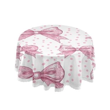 Imagem de SEHANY Toalha de mesa redonda com laço rosa de 152 cm, tecido lavável sem rugas, toalha de mesa decorativa de renda para restaurante, casamento, acampamento, festa de cinco de maio
