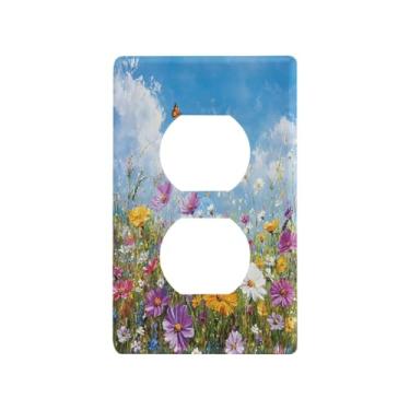 Imagem de Blueangle Placas de parede coloridas lindas flores silvestres duplex, tamanho padrão, placas de cobertura de tomada elétrica de 1 gangue para decoração de quarto de escritório em casa, 4,53 x 2,76