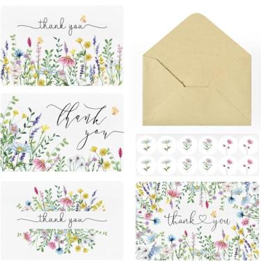 Imagem de IASINN Pacote com 48 cartões de agradecimento de flores de lavanda com envelopes e adesivos, notas de agradecimento florais coloridas em branco para casamento, chá de bebê, negócios, formatura, chá de