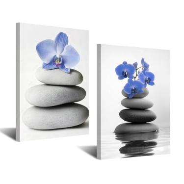 Imagem de CXHOSTENT Arte de parede Zen 2 peças imagem de pedra orquídea impressão em tela spa banheiro pintura para meditação, sala de ioga, escritório, casa emoldurada (azul, 28 x 35 x 2 peças)