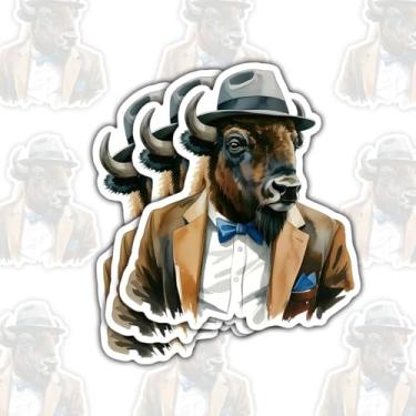 Imagem de 3 peças de adesivos de bisão cavalheiro vestido, decalques engraçados de vinil de animais antropomórficos para laptop, caderno, diário, garrafa de água, para-choque de carro, presente para estudantes