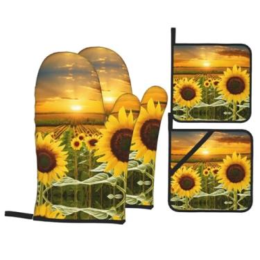 Imagem de Girassol - Conjunto de luvas de cozinha estampadas com suportes de tampa, luvas de forno resistentes ao calor para manusear panelas quentes, grelhar, churrascos, kit de 4 peças.
