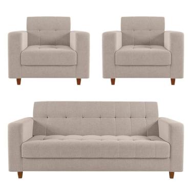 Imagem de Sofá 2 Lugares E 2 Poltronas Pé Madeira Castanho Arezo Linho D01 - D`rossi A27 Areia
