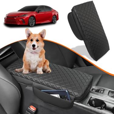 Imagem de OKLSG Capa de apoio de braço para console central para Toyota Camry 2025, acessórios, almofada de descanso de braço, tampa, protetor de console médio, couro preto com bolsos
