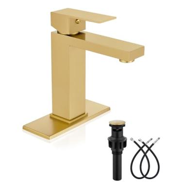 Imagem de Heyalan Torneira de banheiro 1 furo, torneira de pia de banheiro de alça única moderna aço inoxidável com tampa de drenagem pop-up e mangueiras de abastecimento de água, ouro escovado