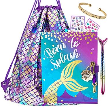 Imagem de Presentes de sereia para meninas – Mergulhe fundo na escrita e desenho do diário – O conjunto inclui diário infantil com trava e chaves, caneta de gel de cauda de sereia, uma linda pulseira, adesivos e uma bolsa de cordão para sacola com estilo