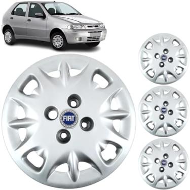 Imagem de Jogo 4 Calotas Aro 13 Fiat Palio Siena 1997 a 2008 Com Adesivo Logo Azul Resinado Grid 005CB