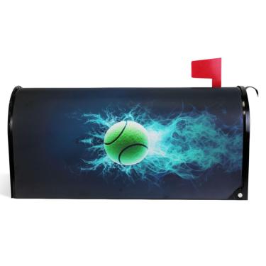 Imagem de TSENQUE Capas magnéticas para caixa de correio decorativa bola de tênis foto de fogo de vinil preto envoltório caixa de correio verão férias à prova de intempéries decoração de caixa de correio