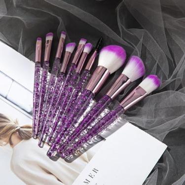 Imagem de Conjunto de 10 pincéis de maquiagem com glitter de cristal, corretivo, sombra, delineador, lábios, sintéticos, kit de ferramentas de mistura de lantejoulas e alças para mulheres