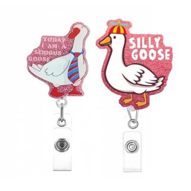 Imagem de Pacote com 2 carretéis de crachá de enfermeira, ganso engraçado e suporte de identificação retrátil de metal, clipe de jacaré de acrílico fofo para crachá de identificação, suporte de etiqueta de nome