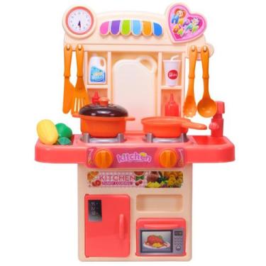 Imagem de Kit Mini Cozinha Fogão Solta Água e Som Rosa 33 peças Castela