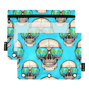 Imagem de GAIGEO Bolsa de lápis colorida com 3 argolas, caveiras, árvore, azul, caneta, lápis, bolsas com zíper, bolsos transparentes escolares, fofos, 25 x 18 cm, 2 pacotes