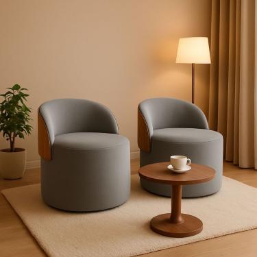 Imagem de Kit 2 Puff Curvo Com Encosto Redondo Orgânico Sala Confortável Resistente Composé Suede Corino Suede Cinza